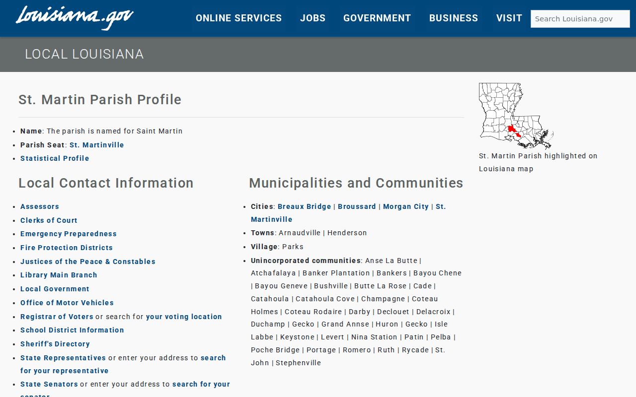 St. Martin Parish court docket source showing the official parish profile